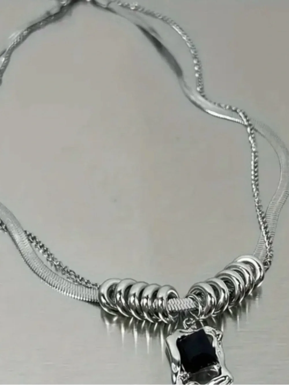 Men's Double Layer Stainless Steel Cuban Link Necklace, Black Gemstone Pendant
